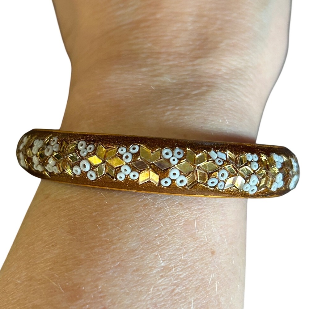 VTG 1970's India Gold-tone Resin Bangle Bracelet White Seed Bead Geometric Boho